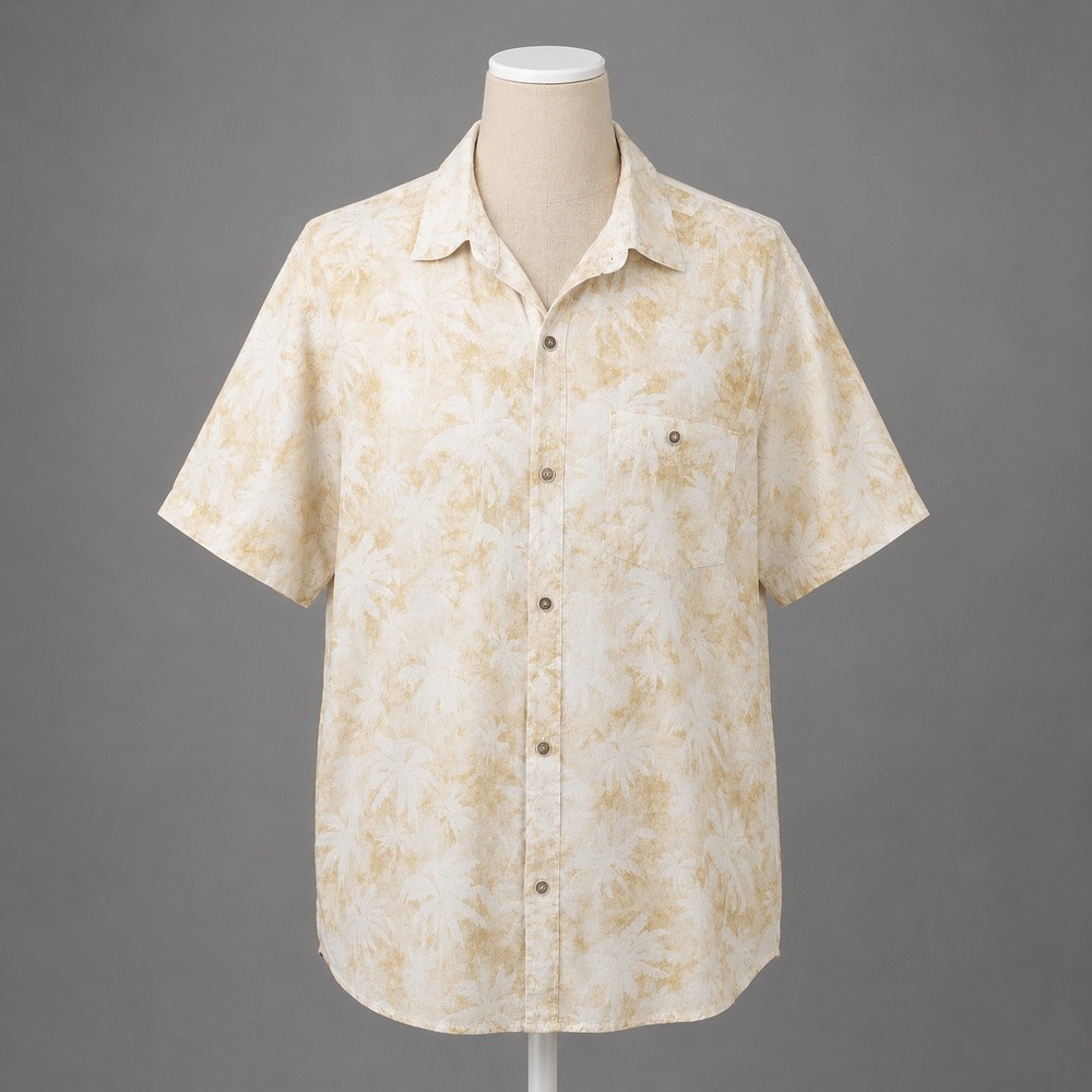 32 Bar Blues Mens Linen Palm Leaf Short Sleeve Button Shirt Size L Tan‎ Casual